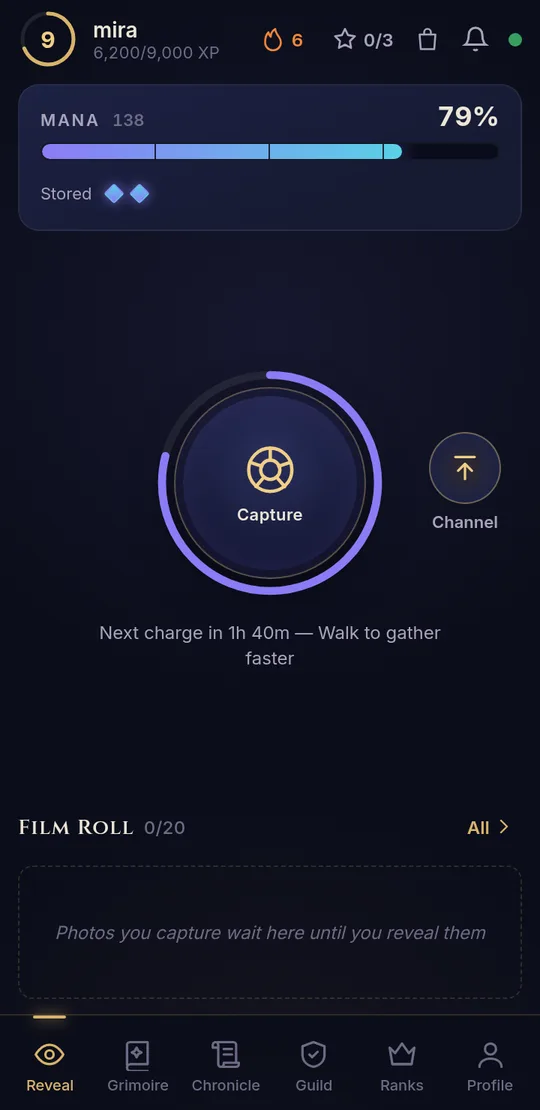 Lenswalker reveal screen with mana bar and capture button